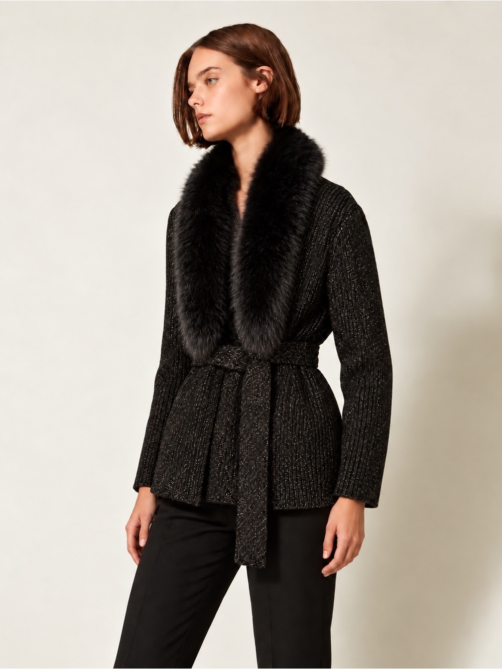 MICHAEL Michael Kors Black Knit Jacket with Faux Fur Shawl Collar